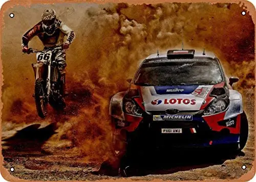 

Vintage Look Metal Sign Car Rallycar + Bike 8"X12" Tin Plate Wall Decor