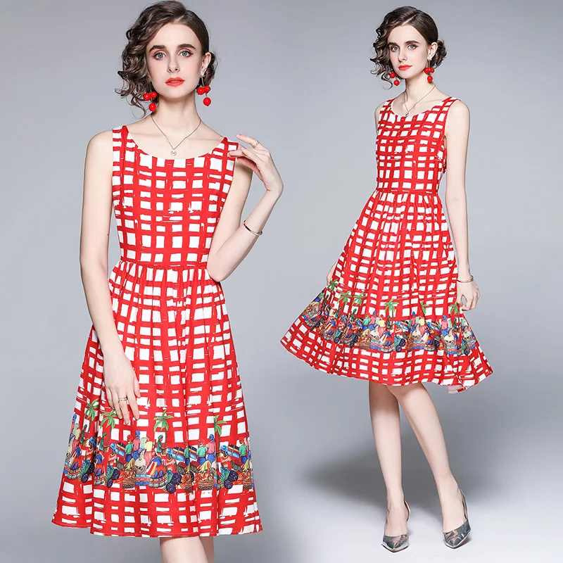 

Women's Summer New Sleeveless Printed Waist Fashion Red Plaid Big Hem Slim-Fit Tank Dress