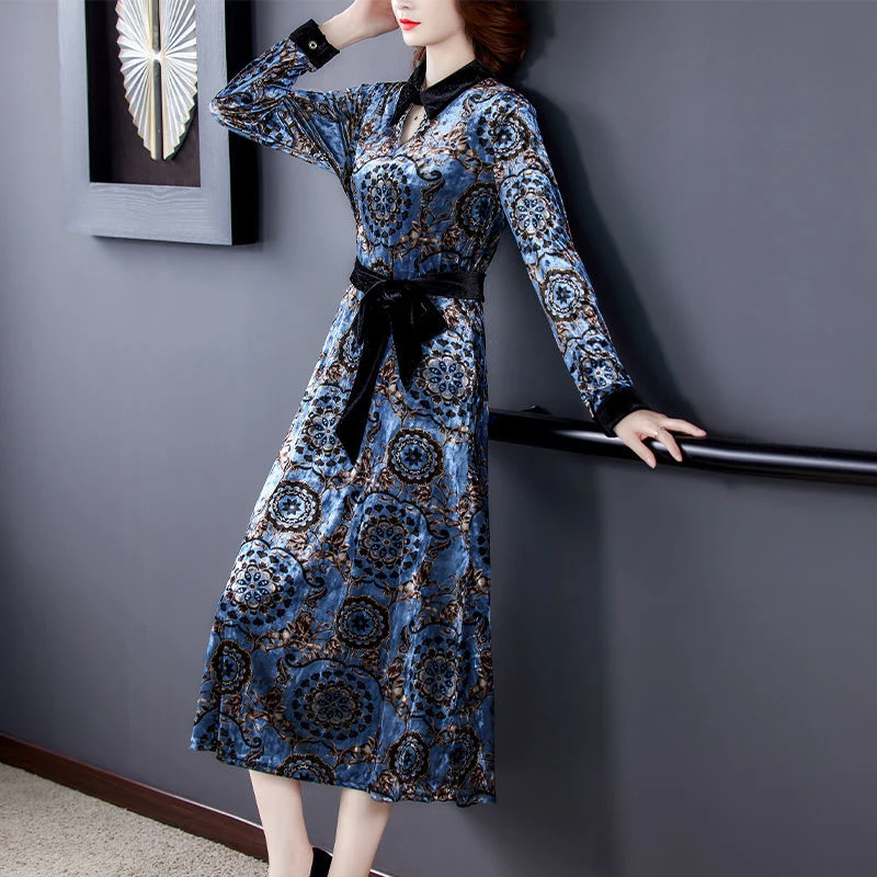 РЕТРО ПРИНТ вельветовое платье для женщин элегантные шикарные с лацканами миди