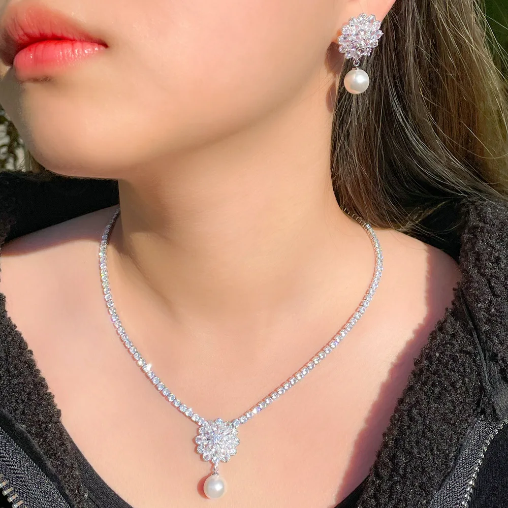 

CWWZircons Gorgeous Cubic Zirconia Flower Drop Women Wedding Party Pearl Necklace Earrings Fashion Bridal Jewelry Sets Gift T603