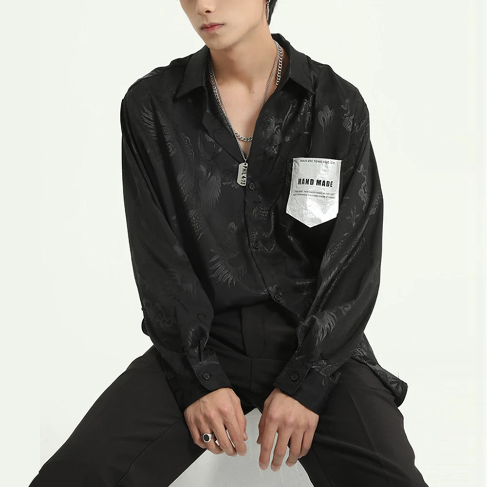 Korean Designed Men's Black Casual Shirt Blouse Men Fashions Harajuku Streetwear Clothing Hip Hop Long Sleeve Loose Shirt