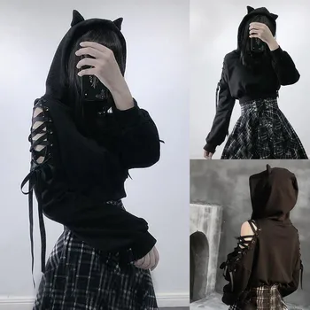 Black Gothic Crop Top Women Hoodies Punk Sweatshirt Off Shoulder Lace Up Hooded Pullover Cat Ear Short Style Female Jacket Coat 1