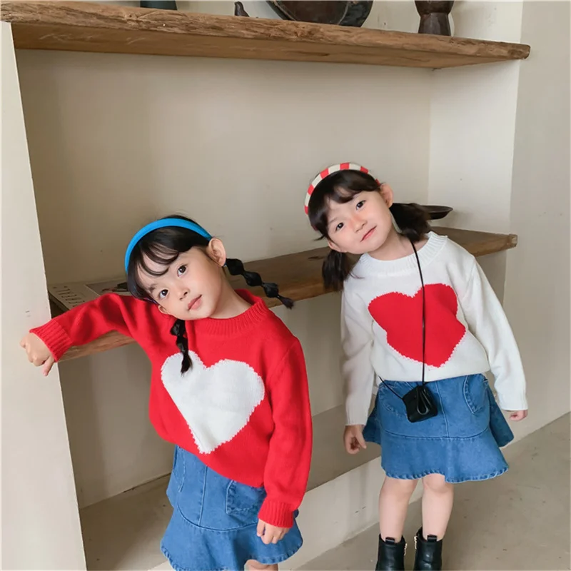 

2021 Autumn winter little princess love knitted sweaters girls soft loose pullovers 1-6Y