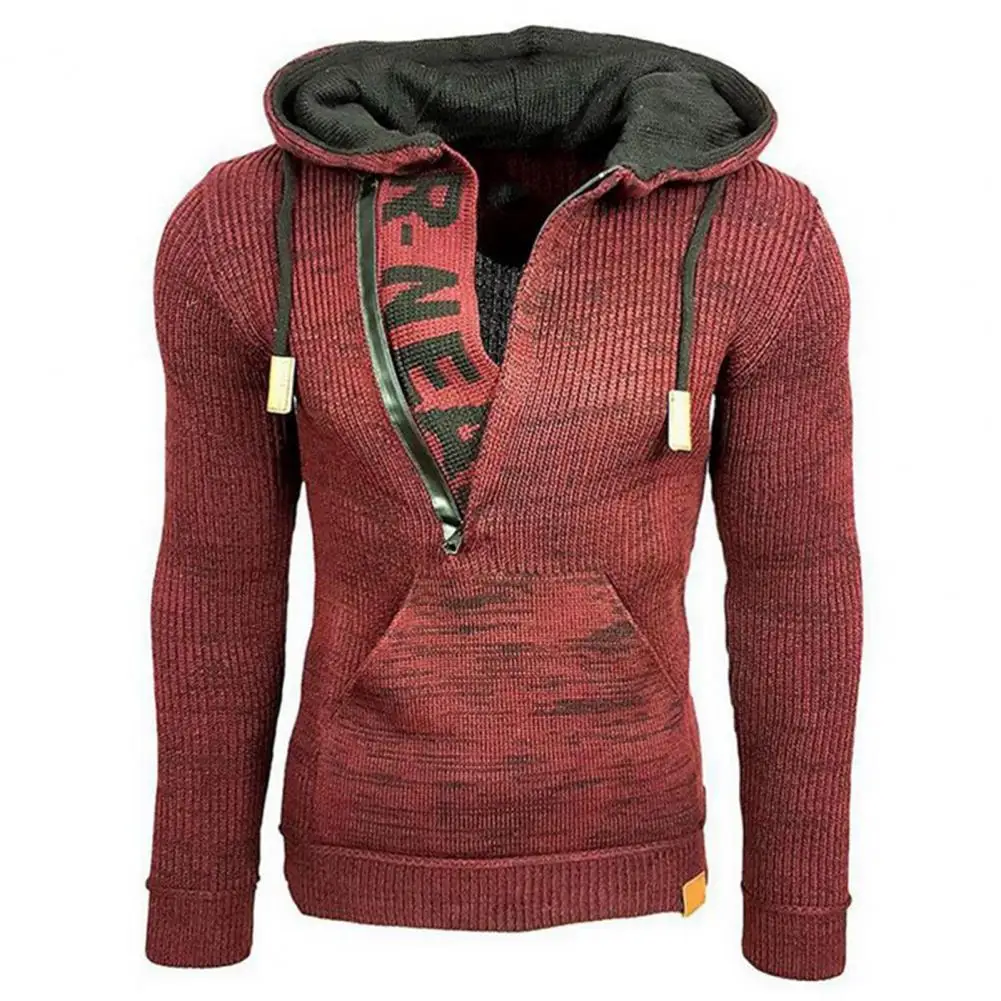 

Hoodie Sweater Jacket Men Half Zipper Contrast Colors Knitted Warm Drawstring Men Sweater Winter Knitted Sweater Hoodies Men