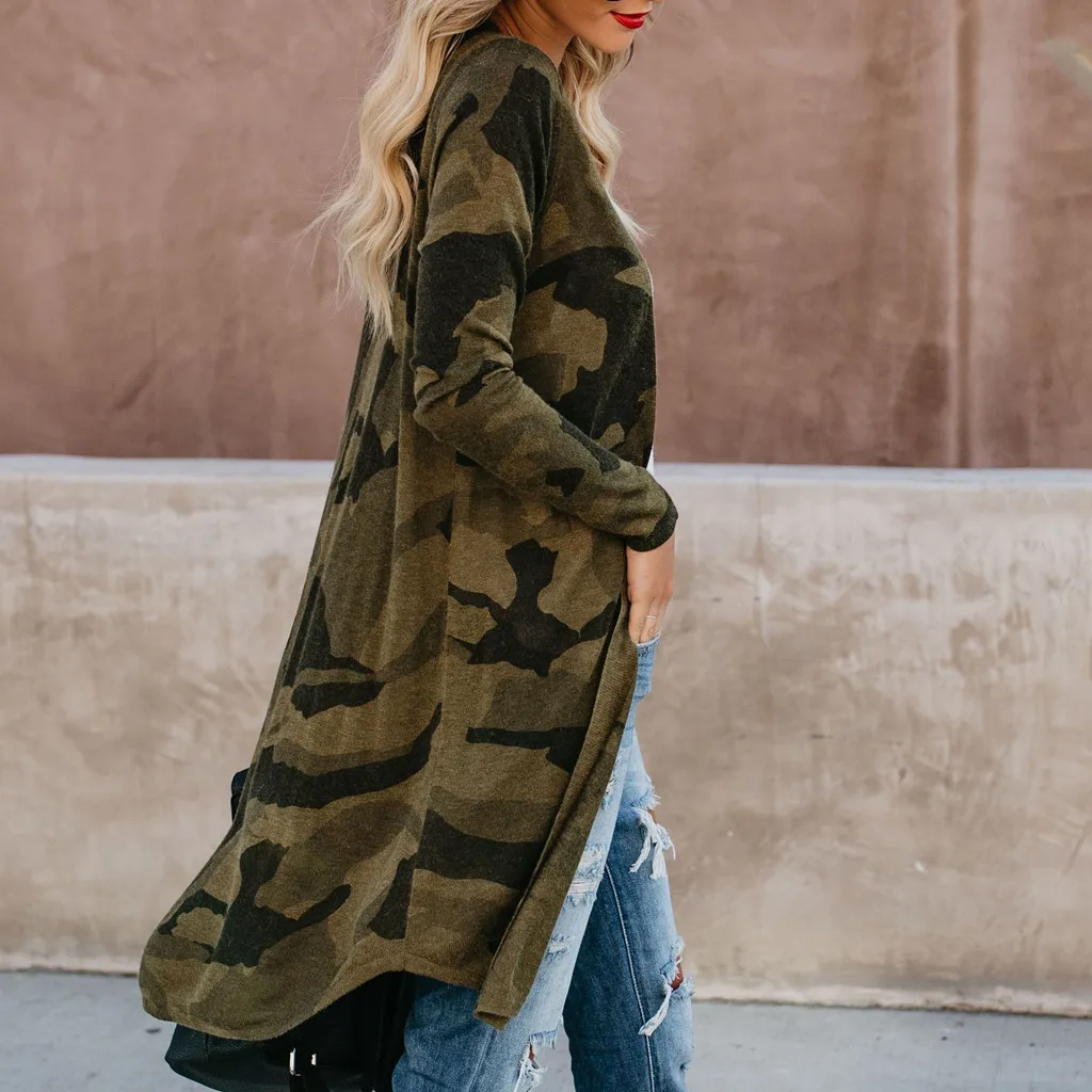 Женские кардиганы пальто топы размера плюс длинное камуфляжное тонкое с длинным