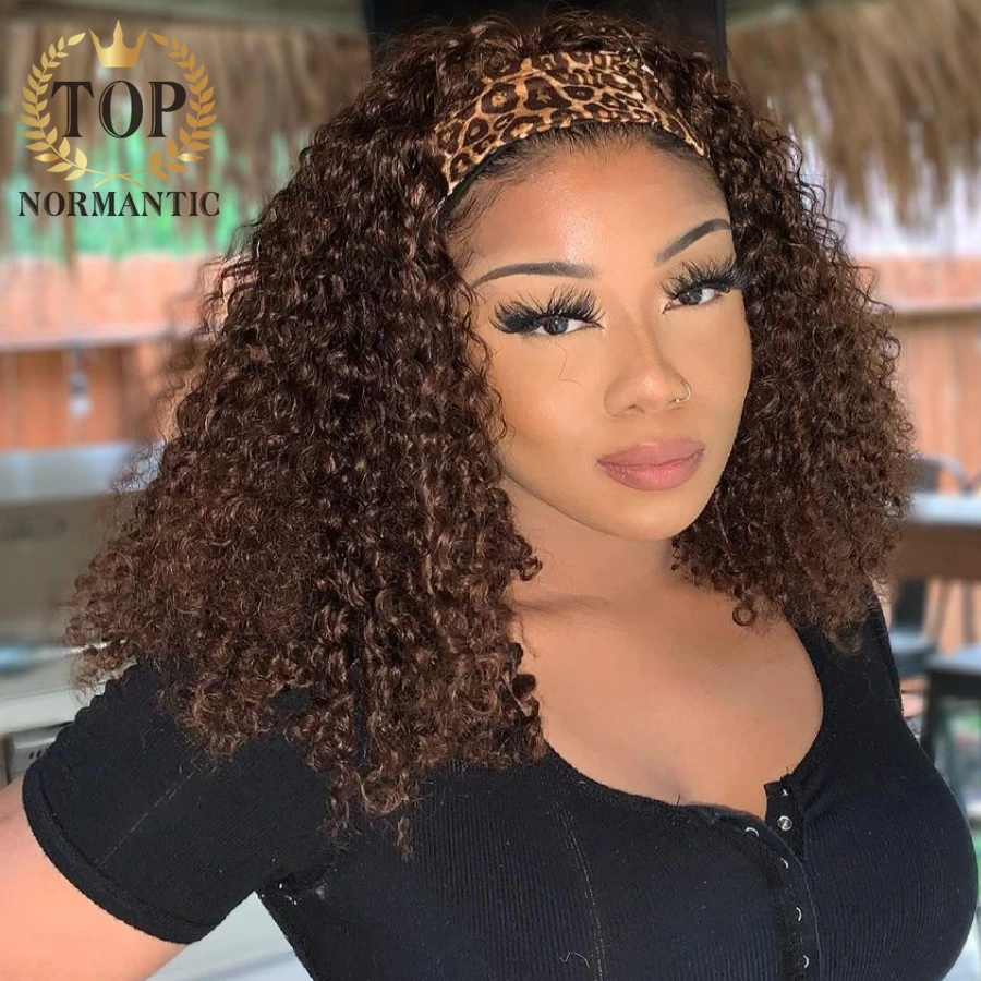

Topnormantic 100% Human Hair Grip Headband Scarf Wig Brown Color Curly Wigs for Women No Glue No Sew In