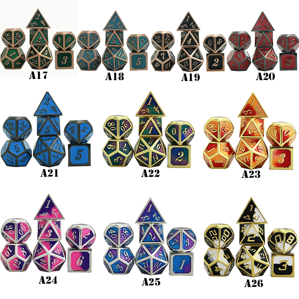 7 шт./компл. набор металлических игральных костей 26 стилей + 1 шт. сумка D4 D6 D8 D10 D12 D20