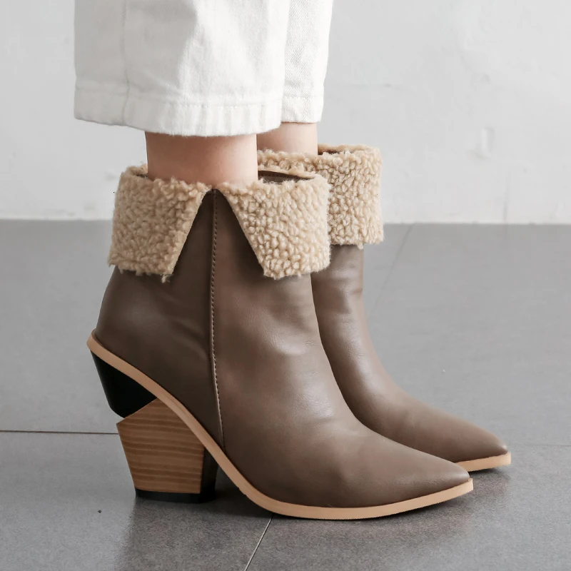 

WETKISS High Heels Wood Boots Women Western Ankle Boot Female Pu Warm Shoes Ladies Pointed Toe Shoes Women Winter 2020 New