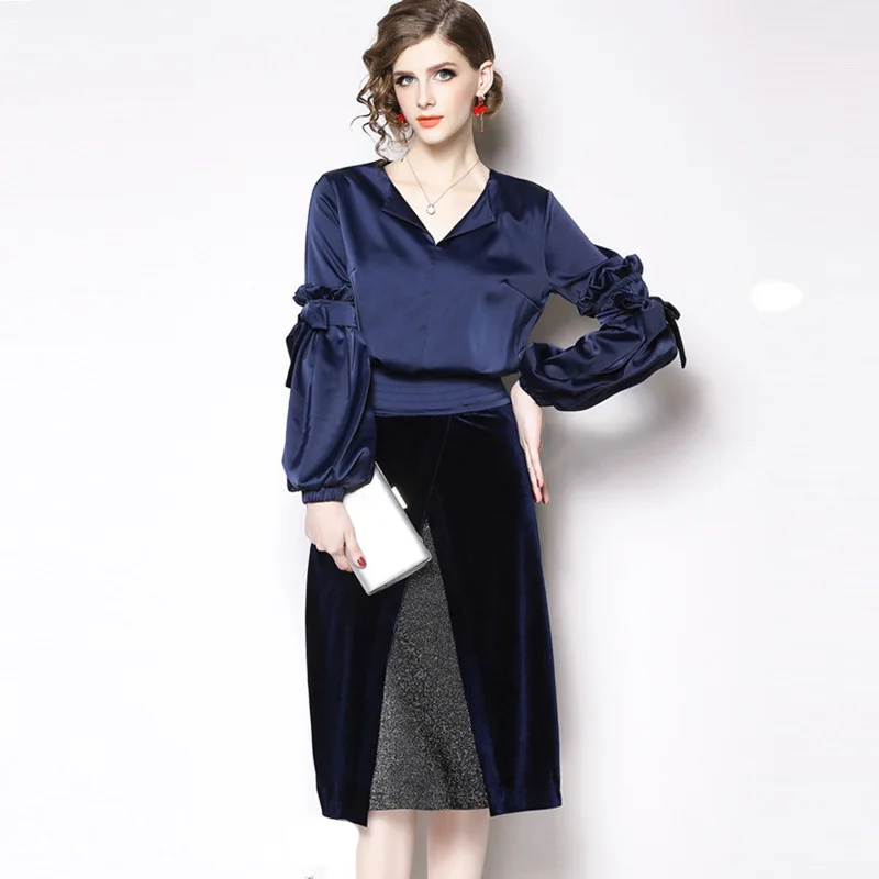 

High Quality Skirt Suit 2021 Fashion Runway Fall Winter Women Set Bow Flare Sleeve Solid Color Top Patchwork Velvet 2 Piece Set
