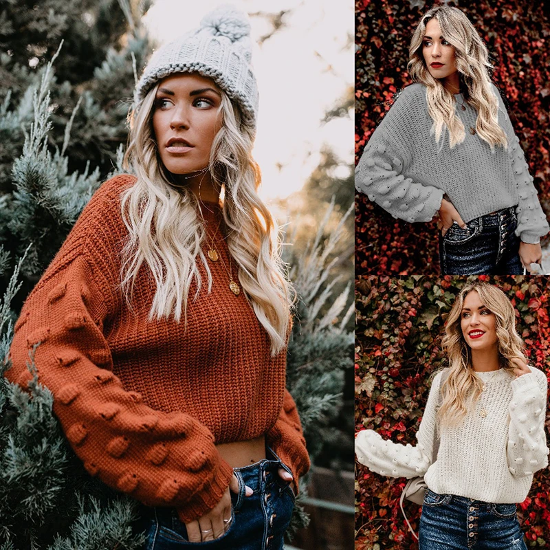 

Lucyever Autumn New Lantern Sleeve O-neck Sweater Women Elegant Solid Knited Pullover Woman Winter Korean Loose Casual Jumpers
