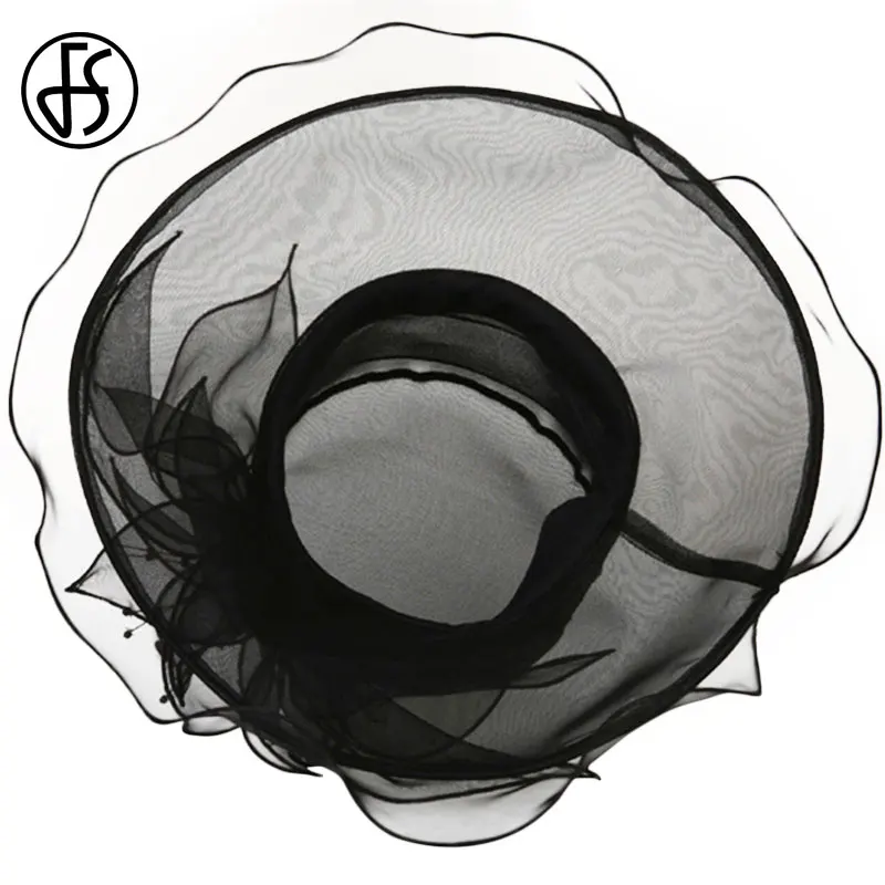 Женская шляпка с широкими полями FS Шляпка из органзы цветами черного цвета для