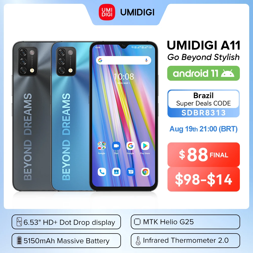

Смартфон UMIDIGI A11, Android 11, Helio G25, 64 ГБ, 128 ГБ, 6,53 дюйма, HD +, тройная камера 16 МП, 5150 мАч