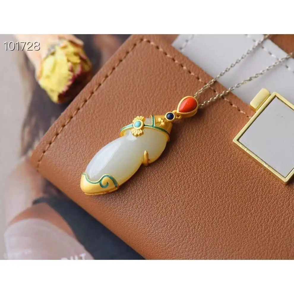 

S925 Sterling Silver Hetian Jade Inlaid Cheongsam Necklace Silver Vintage Pendant Inlaid South Red Green Pine Green Gold