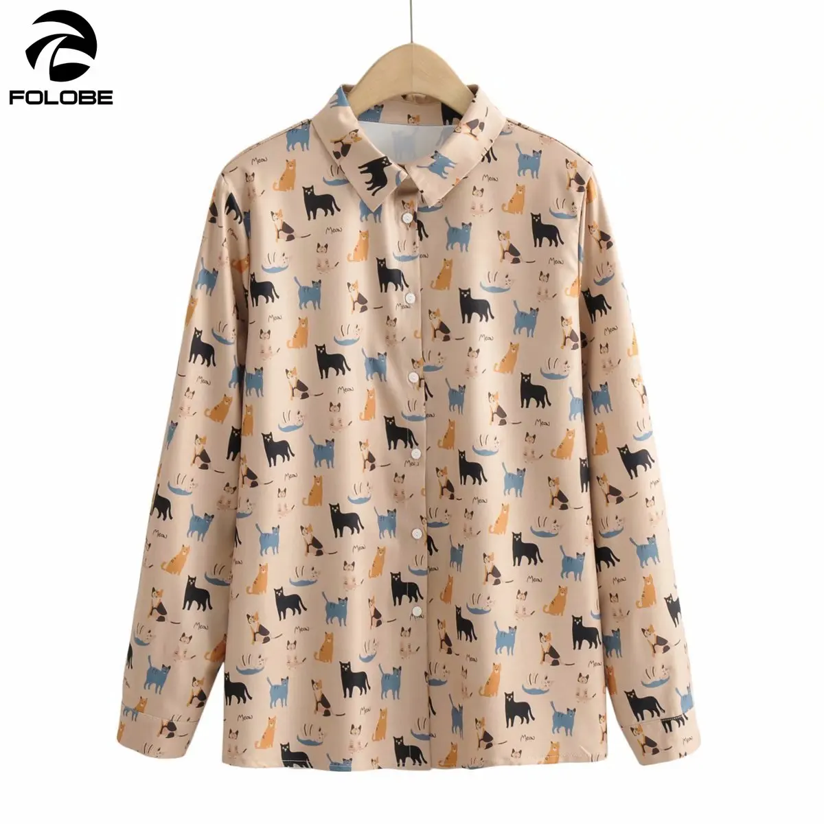 

FOLOBE 2021 Spring Shirts Tops Women Blouse Cat Print Retro Ladies Office Shirts Womens Tops And Blouses Buttons New Shirt Print