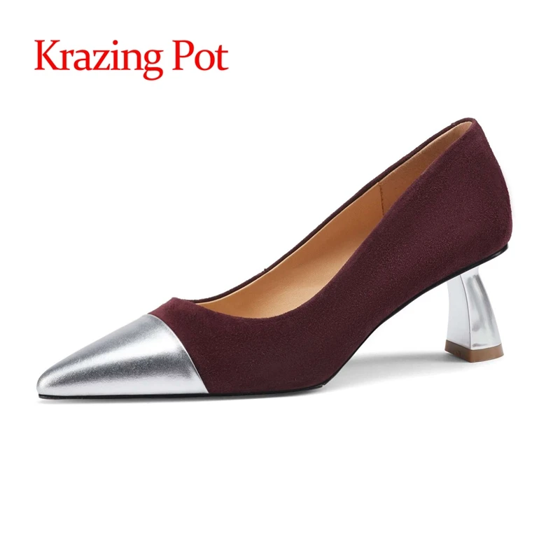 

Krazing Pot/размера плюс замшевая обувь из овечьей кожи на высоком каблуке с острым носком на каблуках Необычные стиле на высоком каблуке с зауже...