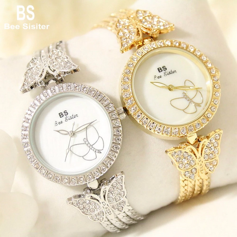 

BS Gold Diamond-studded Butterfly Simple Style Alloy Waterproof Shock Resistant Women's Wristwatches Montre Femme FA1267