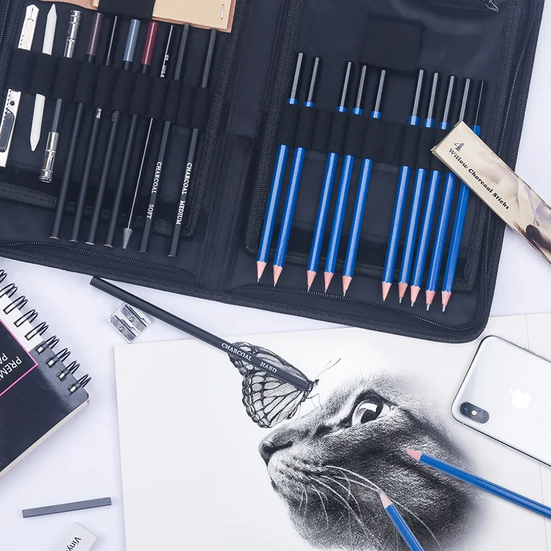 

Professional Art Pencil Set 40pcs Graphite Sketch Pencils Set Complete Drawing Kit Includes Charcoals Pastel Zippered Carry Case