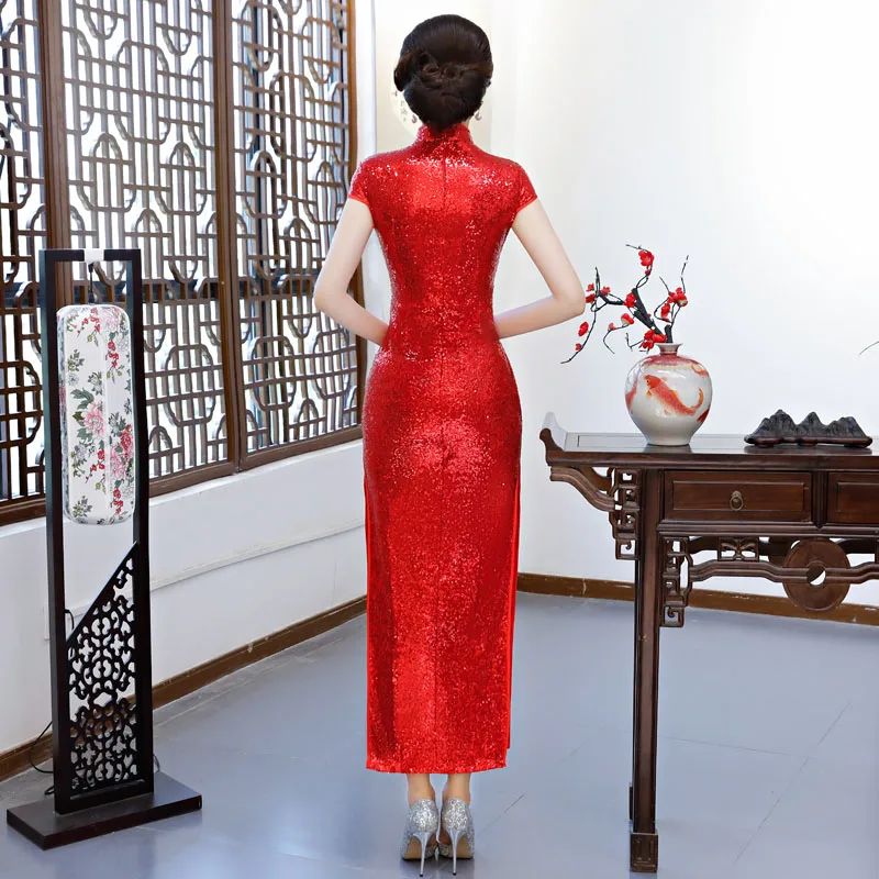 Красное женское летнее длинное винтажное китайское платье ченсам Стиль