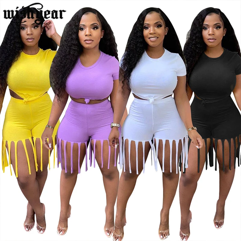 

Women Solid Color Two Piece Set Short Sleeve Crop Tops And Elastic Tassel Shorts Casual Tracksuit Outfits Sweatsuit Plus Size
