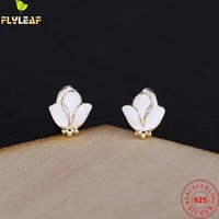 100 925 sterling silver earrings for women gold french gilt enamel white rose flower fine jewelry earings fashion jewelry