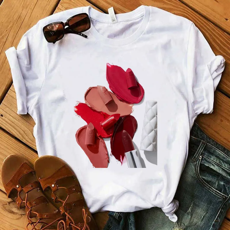 Camiseta tacones Футболка Harajuku с коротким рукавом губа помада Высокий каблук Женская