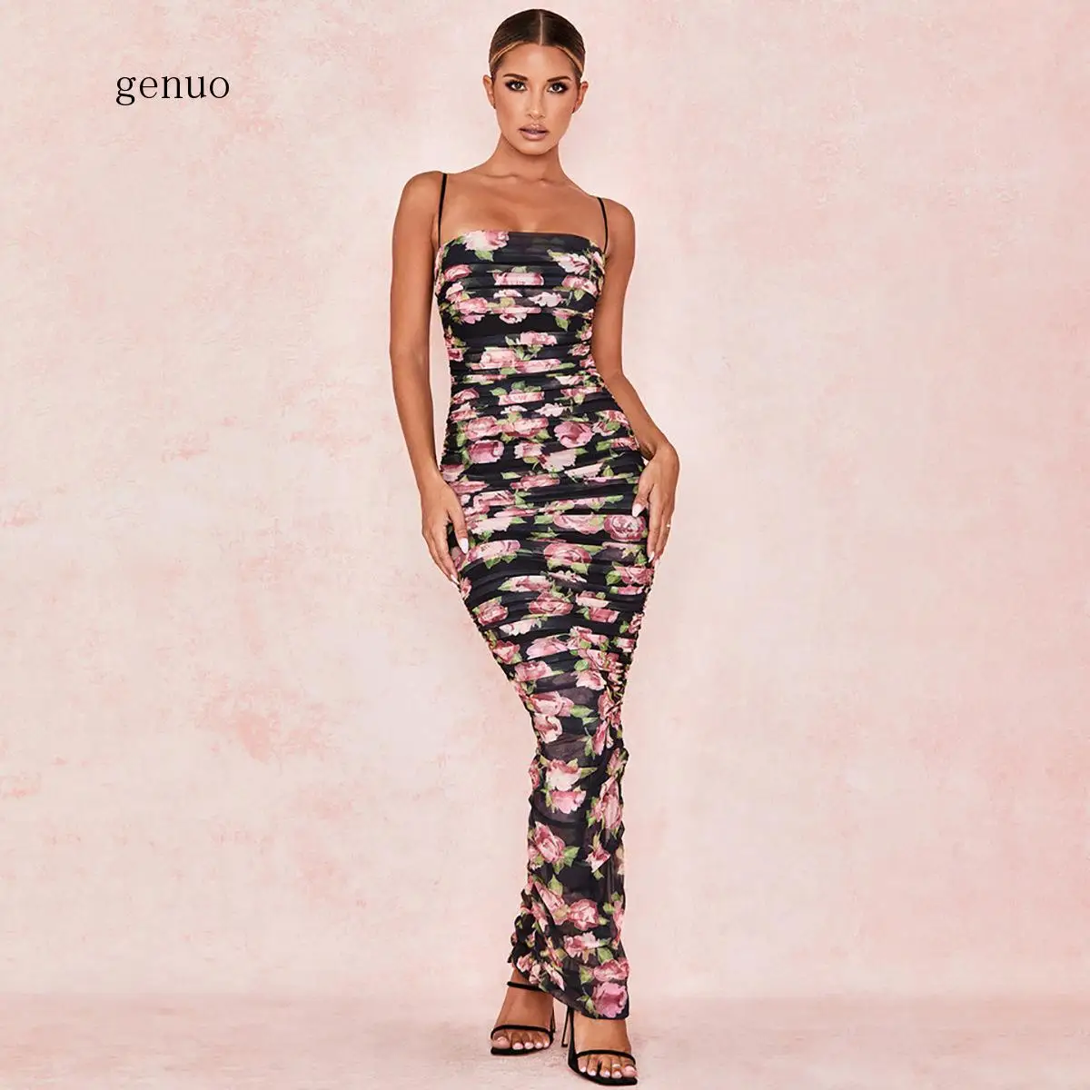 Vintage Floral Print Black Party Dress Off Shoulder Sexy Backless Ruched Split Maxi Women Bodycon Vestidos Robe Femme | Женская одежда