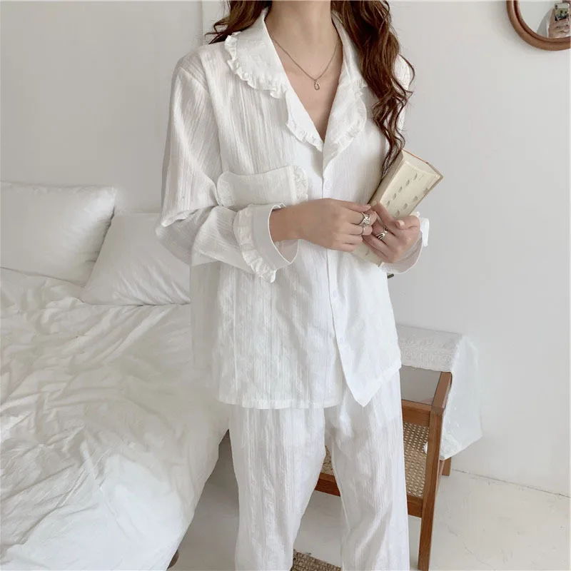 Cotton Pajamas Women's 2021 Spring Autumn New Comfortable Lace Leisure Sweet Home Clothes 2Pcs Set Female Sleepwear Nightwear