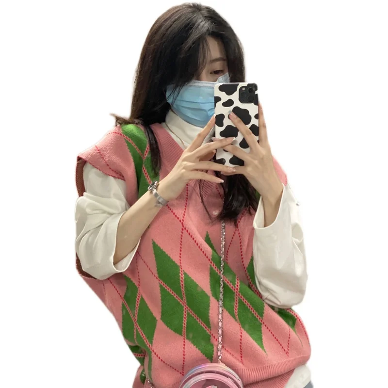 

2021 New Women Spring Vest Sweater V-neck Sleeveless Chic Lady Casual Fashion Woman Knitted Checked Sweater Pullover Tops
