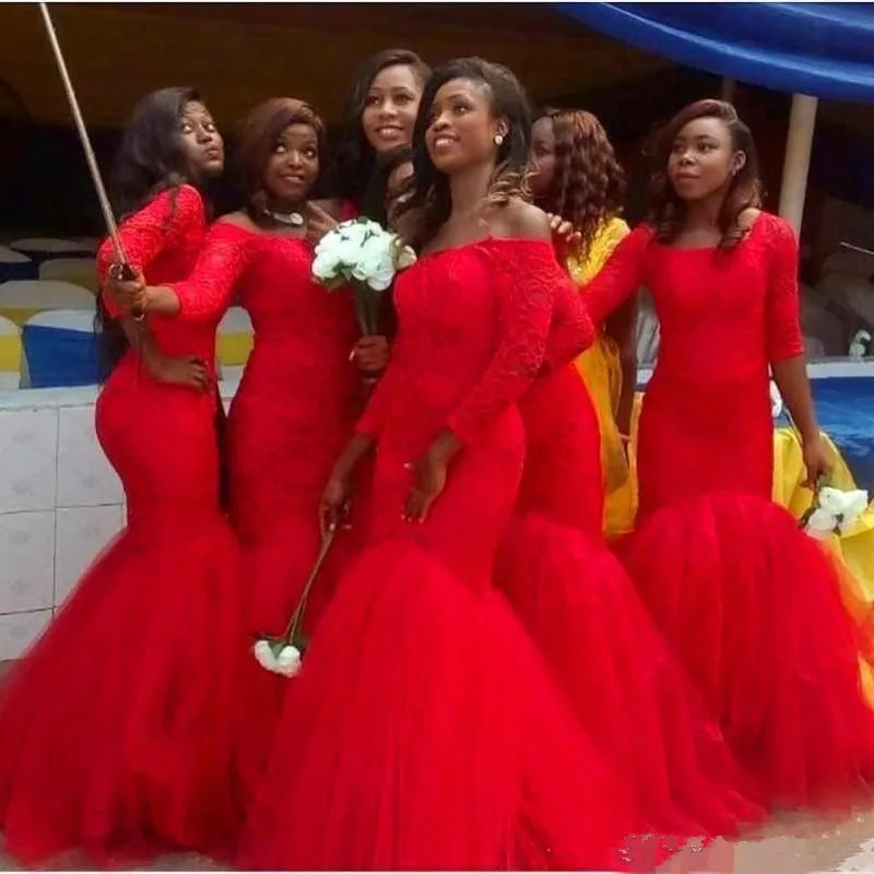 

South Africa Red Mermaid Bridesmaid Dresses Off the Shoulder 3/4 Sleeve Lace Appliques Tulle Bottom Wedding Guest Gowns