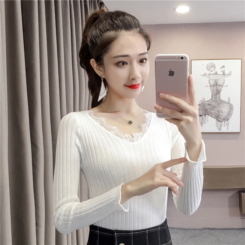 

Women's Curling Lace Splicing Sun Protection Knitwear 2019 Korean Style New Slim V-neck Bottoming Long Sleeves Outerwear Top