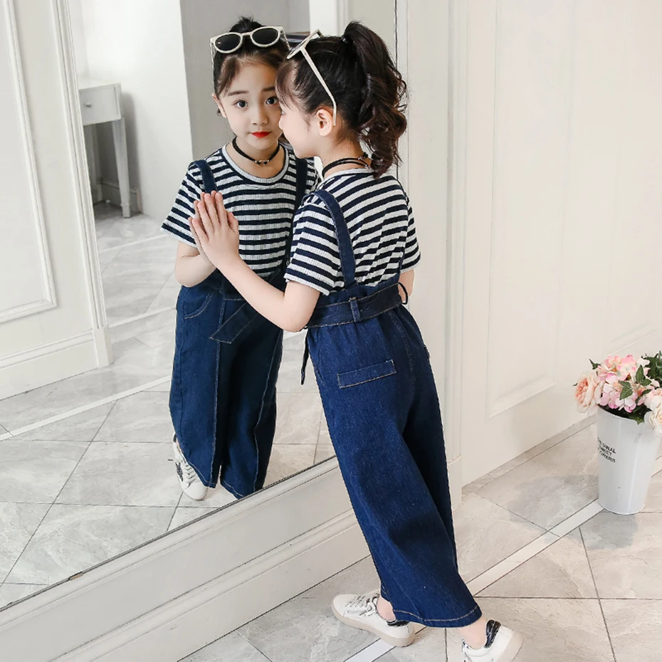 Одежда для девочек футболка в полоску + комбинезон комплект джинсовые свободные