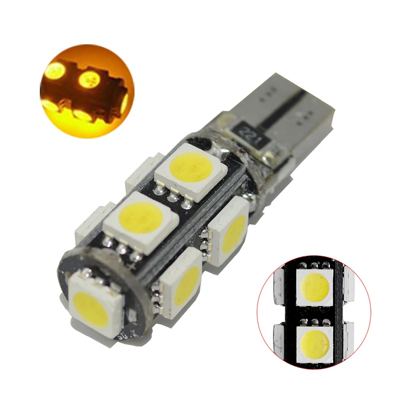 

20Pcs Yellow T10 W5W 5050 9SMD LED Canbus Error Free Car Bulbs For 192 168 194 2825 Clearance Lamps License Plate Lights 12V