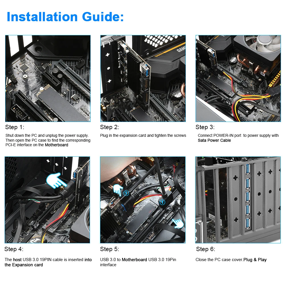 

Expansion Card PCI-E to USB 3.0 5 Ports USB Cards with 19 Pin Power Connector PCI-E Adapter 15 Pin SATA Power Port