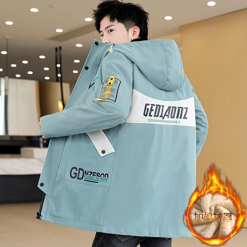 New Autumn Winter Mid-Long Length Fleece Hooded Jackets Men's Thick Warm Windbreaker Streetwear Plush Lining Tops Coat For Youth