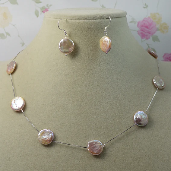 

Unique Design AA Coin Pearl Jewelry Set Pink Color Real Freshwater Pearls S925 Sterling Silver Chain Necklace Earring Lady Gift