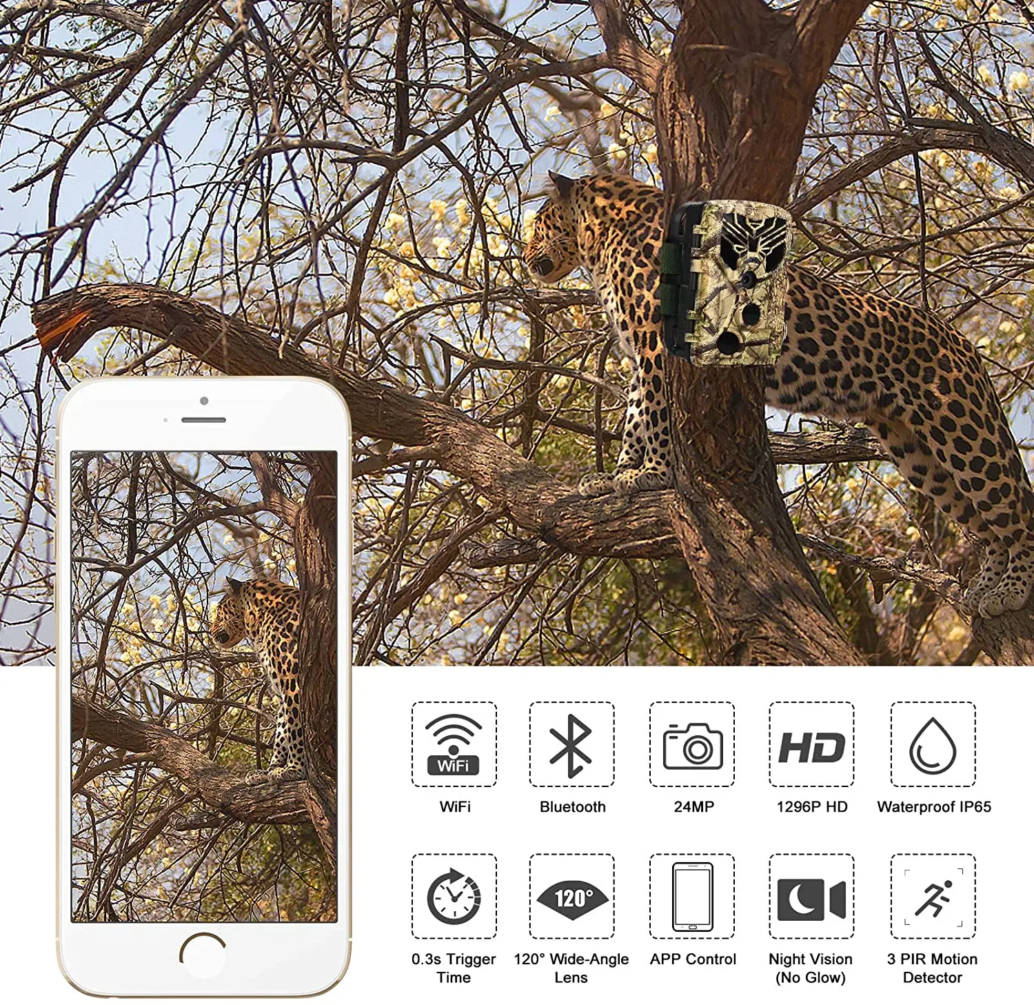 Live Show Trail Camera Wifi APP Remote Control Hunting Cameras 24MP 1296P Night Vision WildPhoto Traps Surveillance | Спорт и