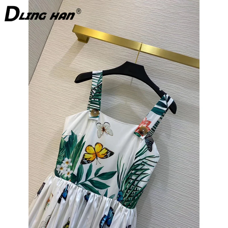 

DLINGHAN Elegant Print Midi Dress Women'sFashion Spaghetti Strap Button Vacation Dresses Designer Summer New