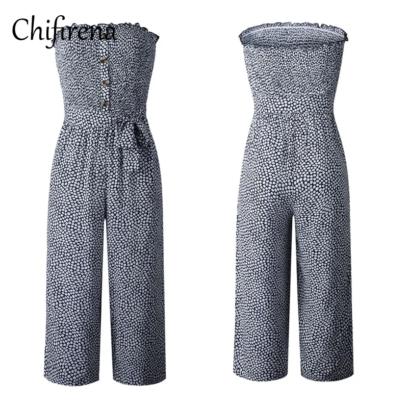 

Chifirena Floral Print Strapless Jumpsuit Belt Beach Boho Playsuit Pocket Casual Off Shoulder Rompers Sexy Overalls For Women