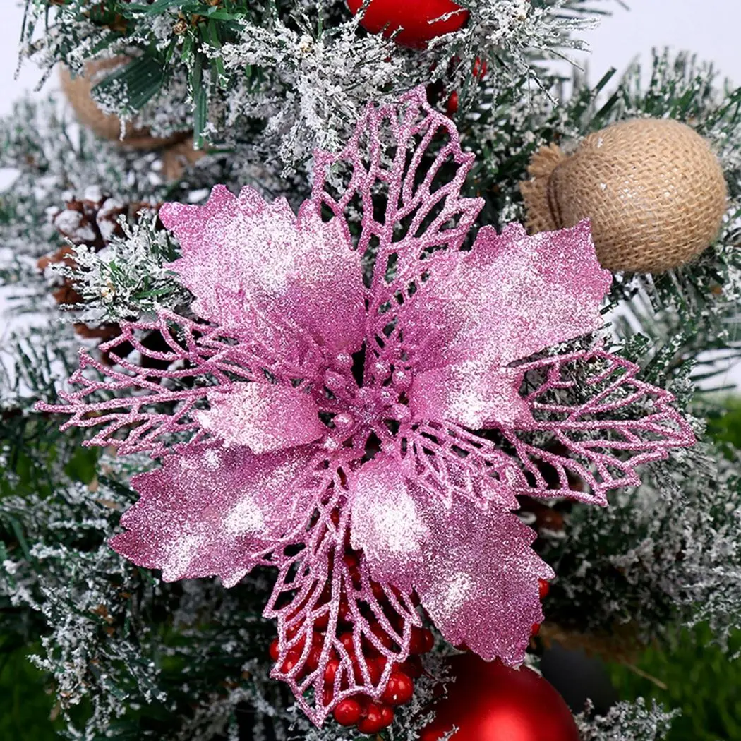 

24PCS Christmas Flower Ornament Glitter Faux Xmas Flower Christmas Tree Ornament