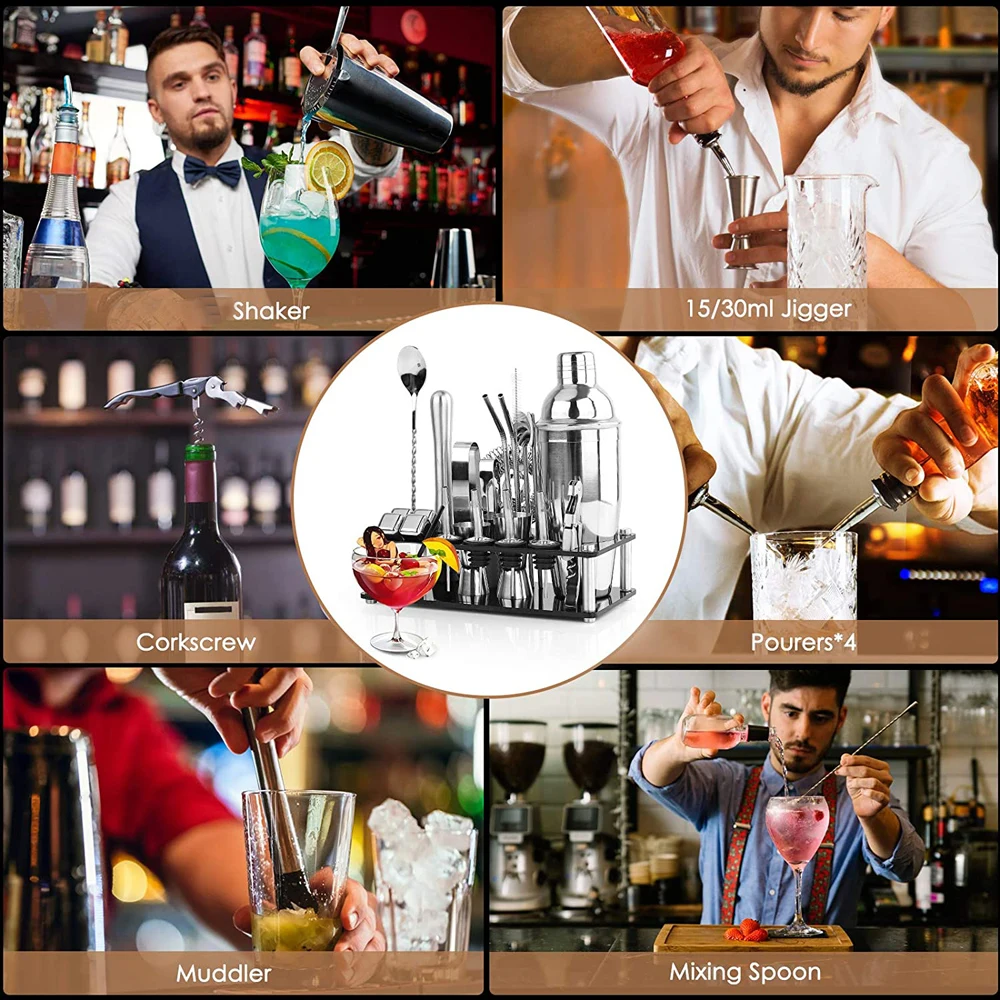 Kit de barman, juego de coctelera Boston con soporte acr&iacute;lico, cubo de hielo de acero inoxidable, para bebidas mezcladas, juego de herramientas de Martini Bar-2