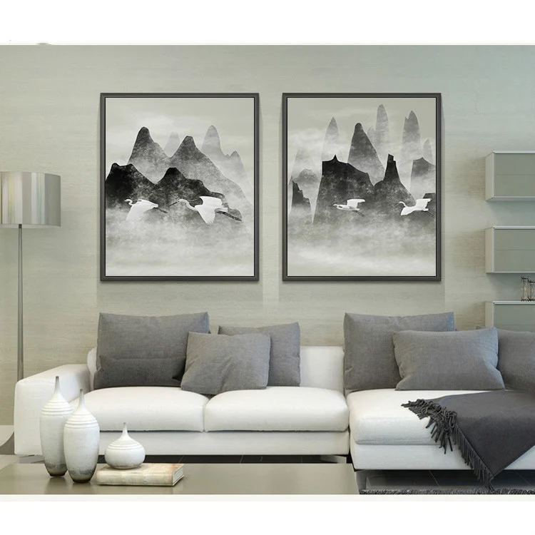 Черные белые китайские чернила Постер горного пейзажа Настенная картина для