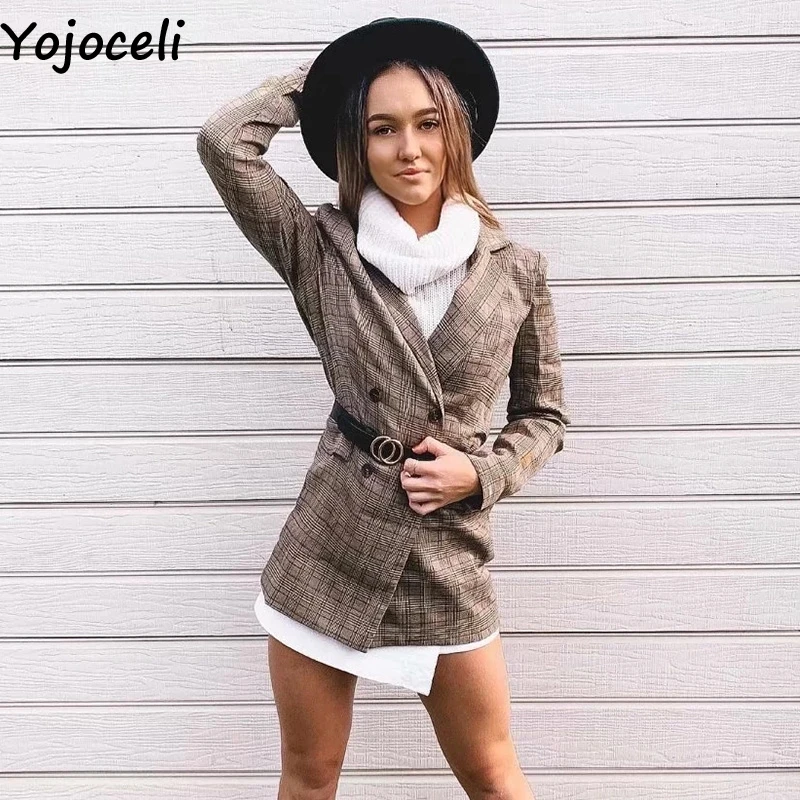 Yojoceli/пикантные элегантные вечерние длинные женские блейзеры в клетку; сезон осень; крутые повседневные офисные женские блейзеры; куртки; зимняя теплая верхняя одежда