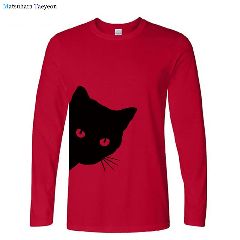 Cat Looking Out Side Print T-Shirt Full Sleeve Cotton Casual Funny Shirts Mens Tops Cute Cartoon Graphic Tees Autumn New