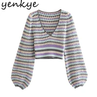 yenkye new 2021 women sexy hollow out cropped knit sweater vintage hit color v neck lantern sleeve clothes autumn pullover tops