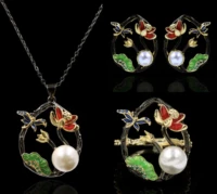 3pcsset bohemia jewelry set womens butterfly flower black gold earrings pendant necklace rings freshwater pearl jewelry set