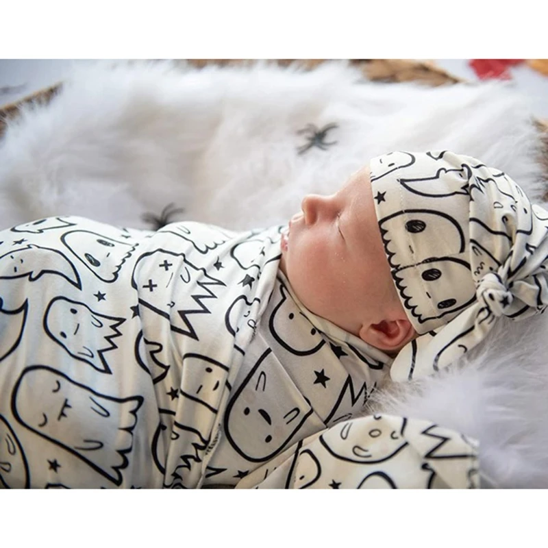2 Pcs Newborn Printing Receiving Blanket+Beanie Hat Set Baby Infants Swaddle Wrap Knotted Bonnet Cap Kit Shower Gifts | Мать и ребенок
