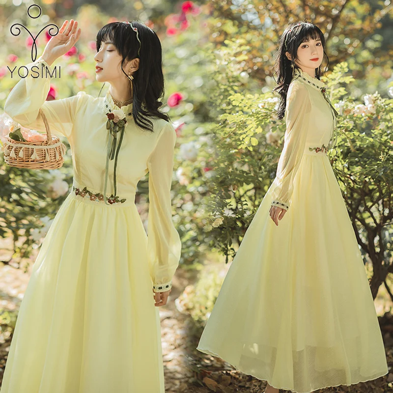 

YOSIMI Vintage Maxi Beige Chiffon Dress Women Elegant 2021 Summer Stand Neck Fit and Flare Embroidery Long Sleeve Party Dress