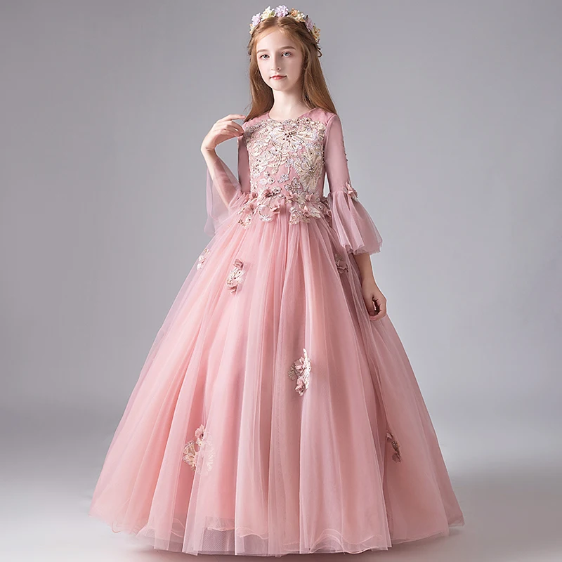 

Royal Ball Gown Flower Girl's Dress Three Quarter Sleeves Layers Tulle with Floral Embroidery Girl's Party Dress
