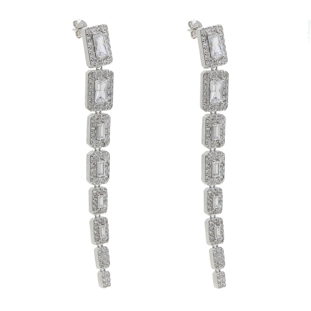 

2023 New Arrive Sparkling Square Cz Crystal Tassel Dangle Drop Earring For Women Bar Long Fashion Charm Wedding Jewery Wholesale