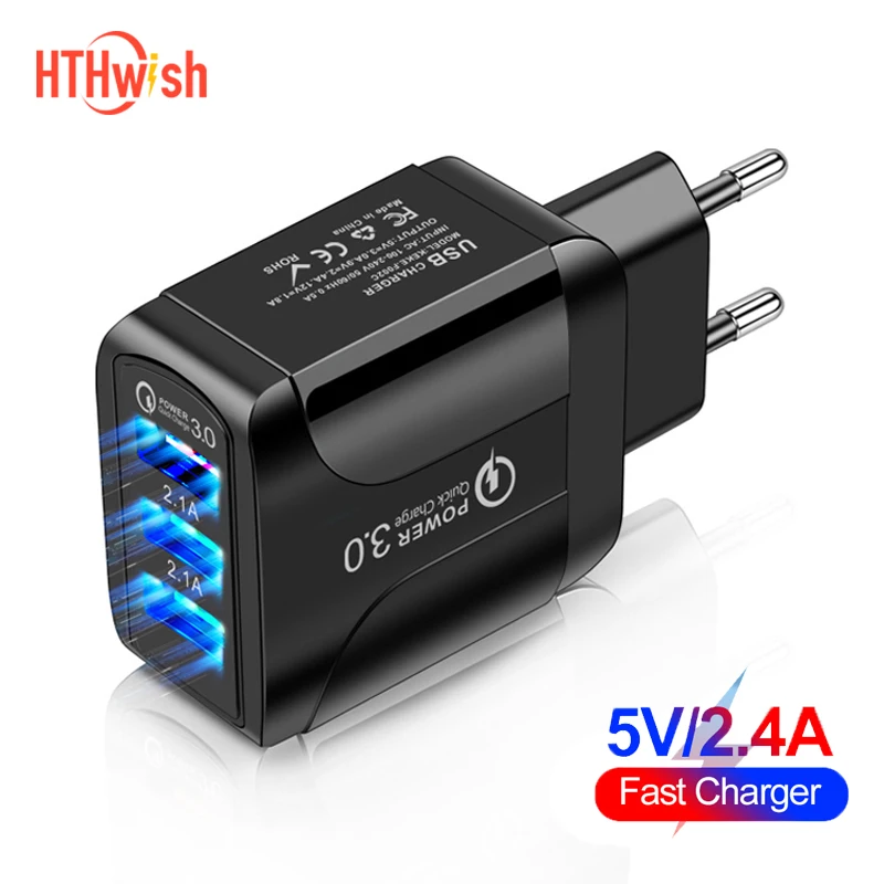 

3 Ports USB Charger Quick Charge 3.0 Fast Charging for Xiaomi Mi Note 10 Pro Tablet Portable EU Plug Wall Mobile Charger Adapter